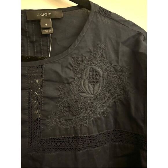 NWT J. Crew Embroidered Blouse Cotton S Navy Peasant Boho Minimalist - Picture 4 of 11